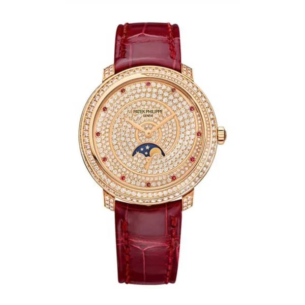 Patek Philippe Complications Ladies 33.3mm Women's Watch - Ref: 4968/400R-001 - Diamond Pave Moon-Phase Dial in 18K Rose Gold Red Alligator Strap