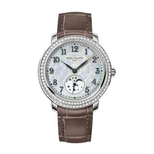 Patek Philippe Complications Ladies  33mm Women's Watch - Ref: 4968G-010 - White Mother of Pearl Moon-Phase Dial & Diamond Bezel in 18K White Gold Taupe Leather Strap