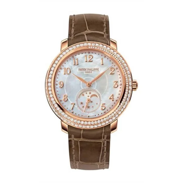 Patek Philippe Complications Ladies  33mm Women's Watch - Ref: 4968R-001 - White Mother of Pearl Moon-Phase Dial & Diamond Bezel in 18K Rose Gold Taupe Leather Strap