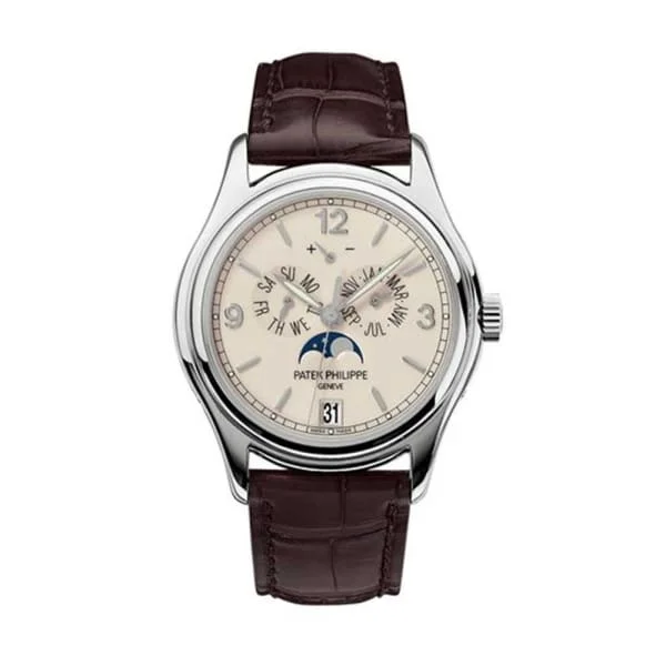 Patek Philippe Complications Annual Calendar 39mm Watch - Ref: 5146G-001 - Cream Moon-Phase Dial, 18K White Gold Brown Leather Strap