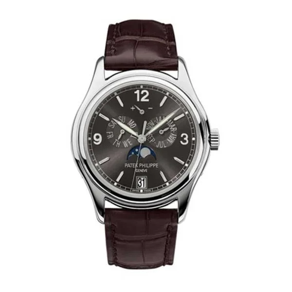 Patek Philippe Complications Annual Calendar 39mm Watch - Ref: 5146G-010 - Gray Moon-Phase Dial, 18K White Gold Brown Leather Strap