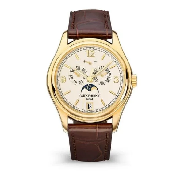 Patek Philippe Complications 39mm Watch - Ref: 5146J-001 - Cream Moon-Phase Dial in 18K Yellow Gold Brown Leather Strap