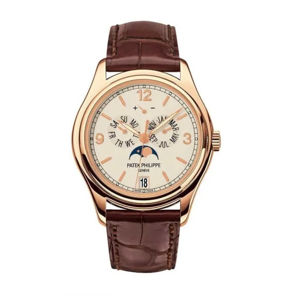 Patek Philippe Complications Annual Calendar 39mm Watch - Ref: 5146R-001 - Cream Moon-Phase Dial in 18K Rose Gold Brown Leather Strap