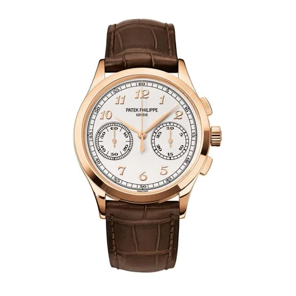 Patek Philippe Complications Chronograph 39.5mm Watch - Ref: 5170R/001 - Silver Dial in 18K Rose Gold Brown Leather Strap