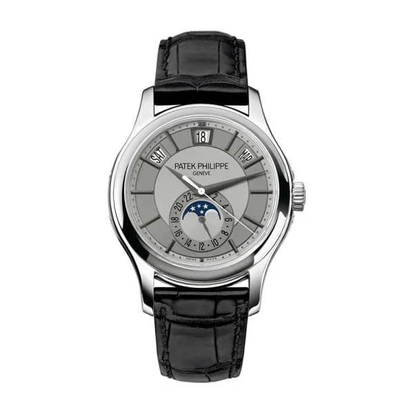 Patek Philippe Complications Annual Calendar 40mm Watch - Ref: 5205G-001 - Rhodium Grey Moon-Phase Dial in 18K White Gold Black Alligator Strap