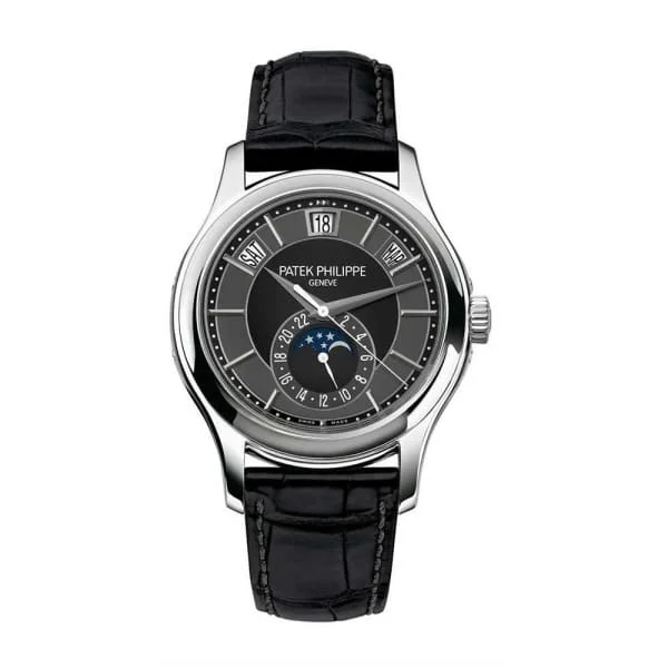 Patek Philippe Complications Annual Calendar 40mm Watch - Ref: 5205G-010 - Black Gray Moon-Phase Dial in 18K White Gold Black Alligator Strap