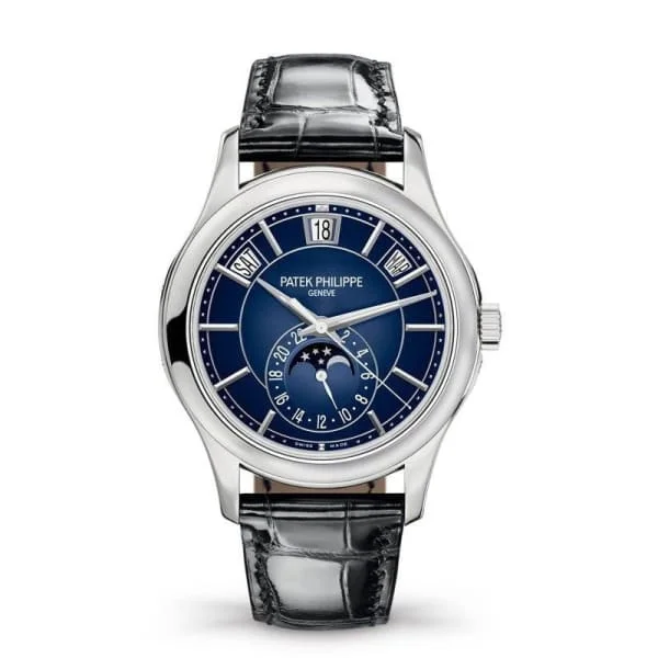 Patek Philippe Complications Annual Calendar 40mm Watch - Ref: 5205G-013 - Blue Moon-Phase Dial in 18K White Gold Shiny Black Alligator Strap