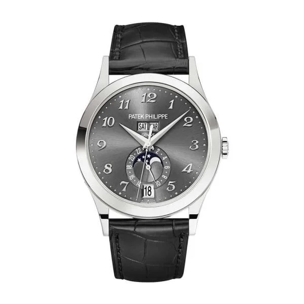 Patek Philippe Complications Annual Calendar 38.5mm Watch - Ref: 5396G-014 - Gray Moon-Phase Dial, 18K White Gold Black Leather Strap