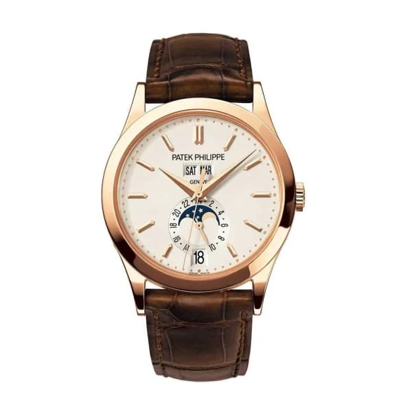 Patek Philippe Complications Annual Calendar 38.5mm Watch - Ref: 5396R-011 - Silver Moon-Phase Dial, 18K Rose Gold Brown Leather Strap