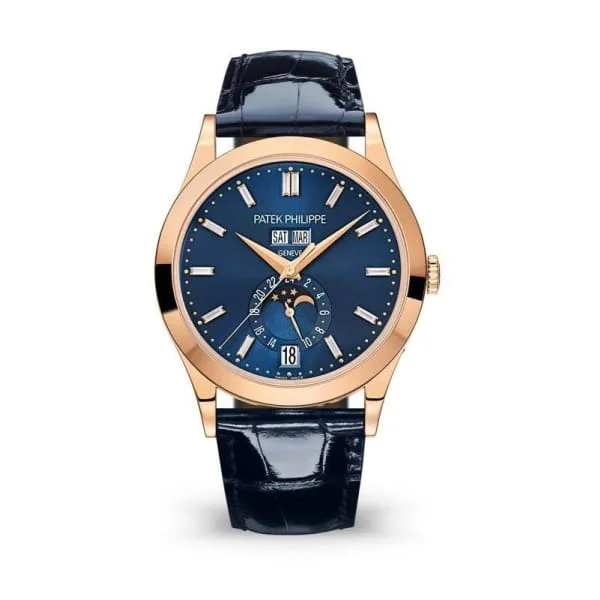 Patek Philippe Complications Annual Calendar 38.5mm Watch - Ref: 5396R-015 - Blue Moon-Phase Diamond Dial in 18K Rose Gold Blue Alligator Strap