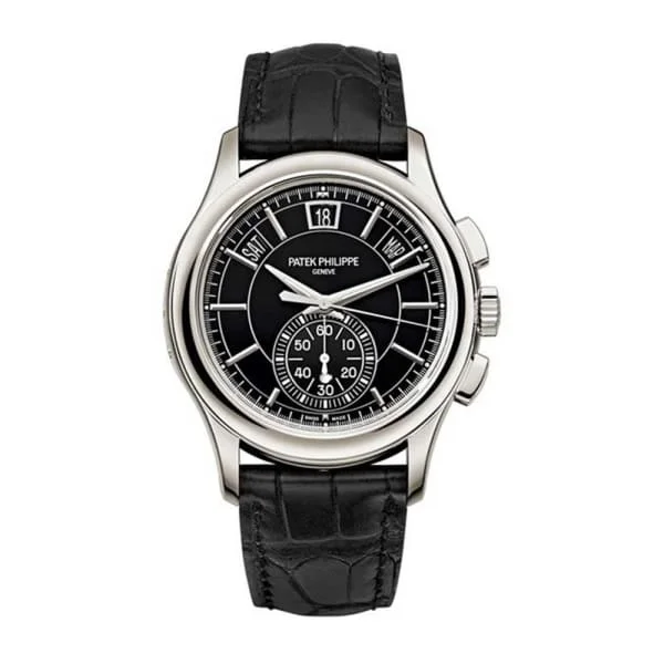 Patek Philippe Complications Annual Calendar Chronograph 42mm Watch - Ref: 5905P-010 - Gray Black Dial, Platinum Black Leather Strap