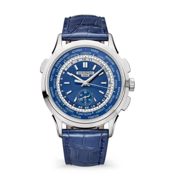 Patek Philippe Complications World Time Chronograph 39.5mm Watch - Ref: 5930G-010 - Blue Dial in 18K White Gold Blue Alligator Strap