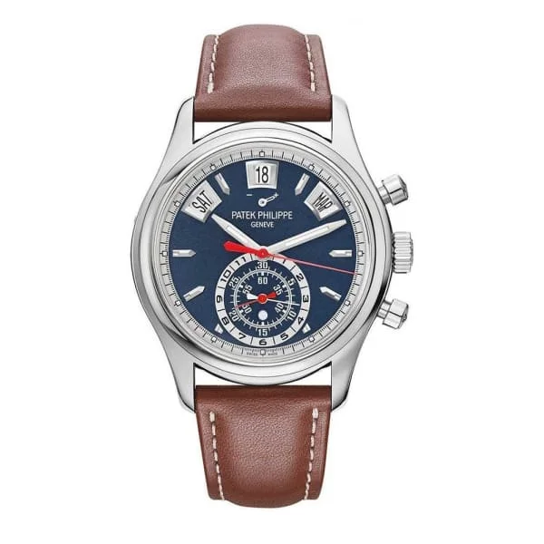 Patek Philippe Complications Annual Calendar Chronograph 40.5mm Watch - Ref: 5960/01G-001 - Blue Dial, 18K White Gold Brown Leather Strap