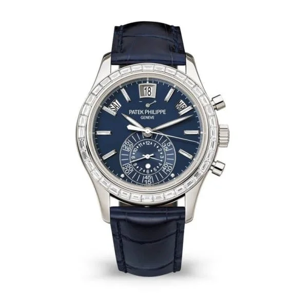 Patek Philippe Complications Annual Calendar Chronograph 40.5mm Watch - Ref: 5961P-001 - Blue Dial & Diamond Bezel in Platinum, Shiny Navy Blue Alligator Strap