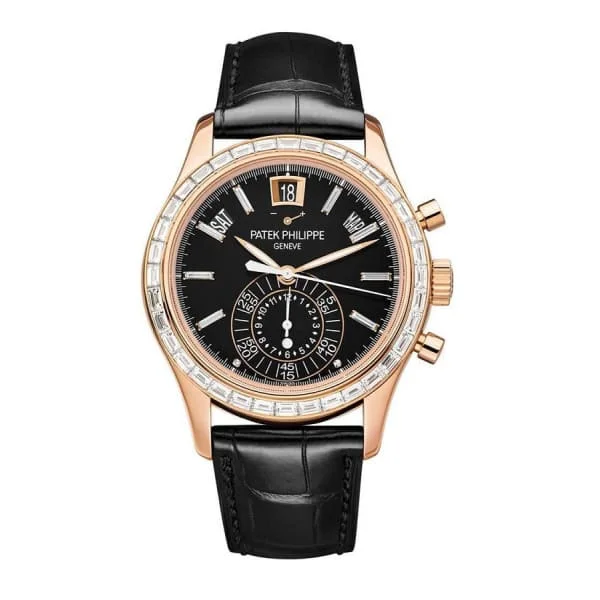 Patek Philippe Complications Annual Calendar Chronograph 40.5mm Watch - Ref: 5961R-010 - Black Dial, 18K Rose Gold Black Leather Strap