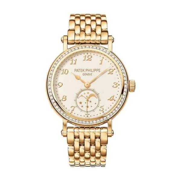 Patek Philippe Complications Ladies  33mm Women's Watch - Ref: 7121/1J-001 - Silver White Moon-Phase Dial & Diamond Bezel, 18K Yellow Gold Bracelet