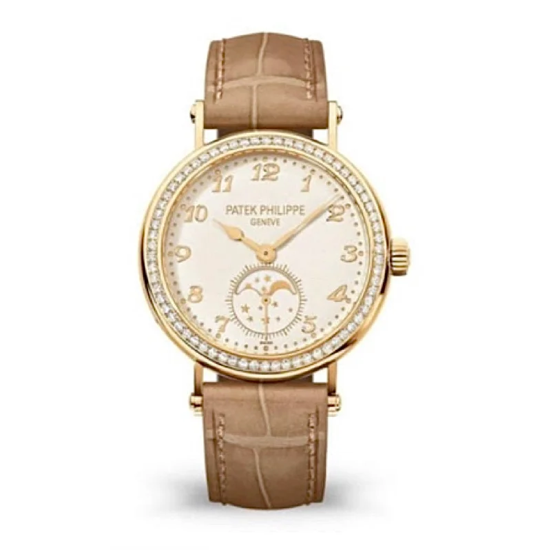 Patek Philippe Complications Ladies  33mm Women's Watch - Ref: 7121J-001 - Silver Moon-Phase Dial in 18K Yellow Gold Brown Leather Strap