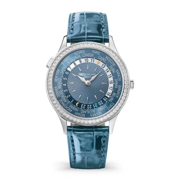 Patek Philippe Complications World Time Ladies 36mm Women's Watch - Ref: 7130G-016 - Gray Blue Dial in 18K White Gold Shiny Peacock Blue Alligator Strap