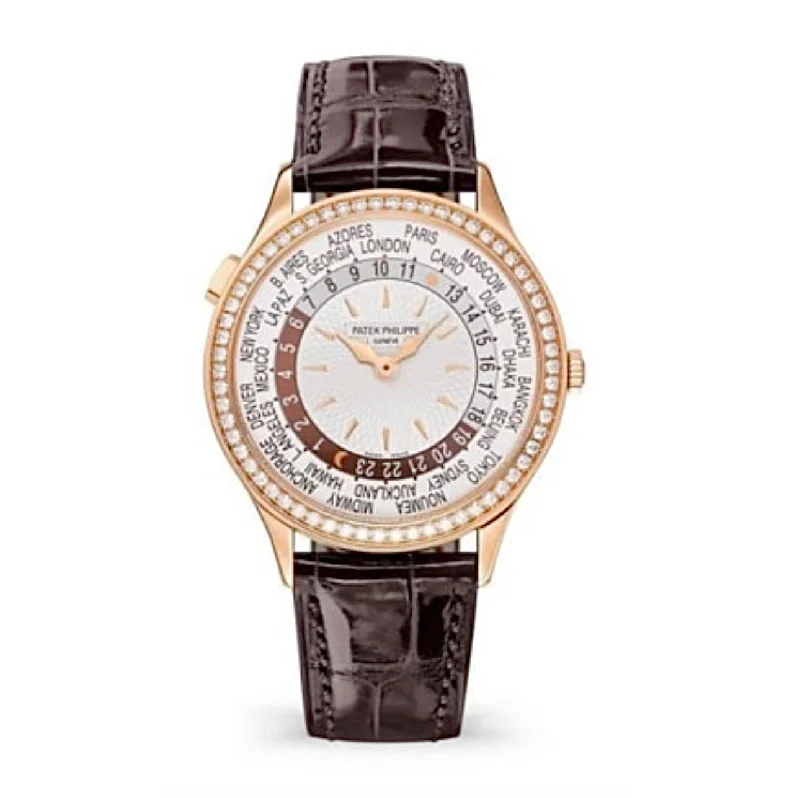 Patek Philippe Complications World Time 36mm Watch - Ref: 7130R-013 - Ivory Dial & Diamond Bezel in 18K Rose Gold Brown Alligator Strap