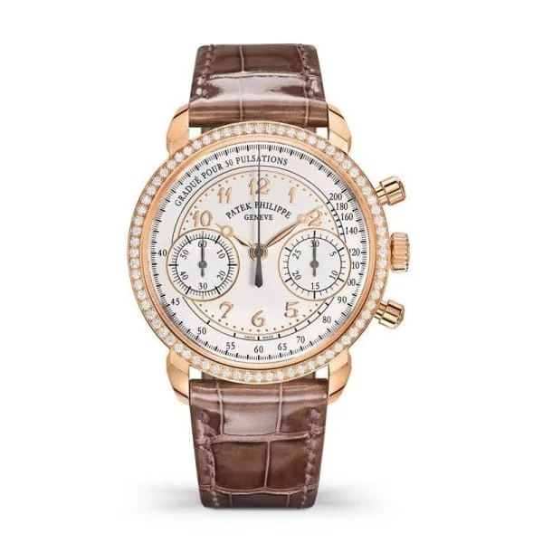 Patek Philippe Complications Chronograph 38mm Watch - Ref: 7150-250R-001 - Silver Dial & Diamond Bezel in 18K Rose Gold Brown Alligator Strap