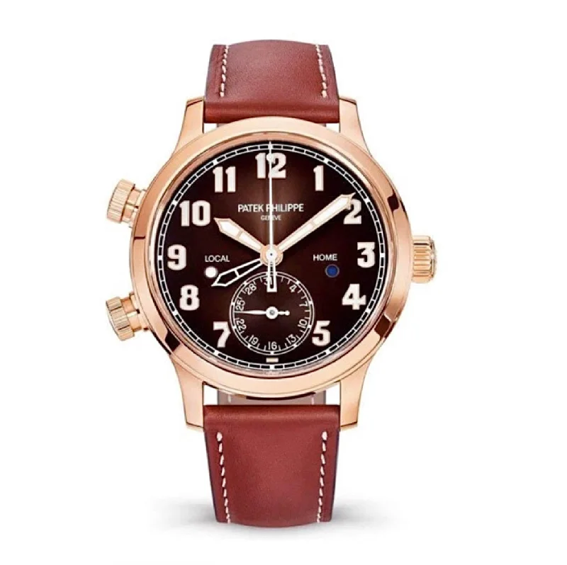 Patek Philippe Complications Calatrava Pilot Travel Time 37.5mm Watch - Ref: 7234R-001 - Brown Dial in 18K Rose Gold Brown Calfskin Leather Strap