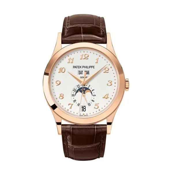 Patek Philippe Complications Annual Calendar 38.5mm Watch - Ref: 5396R-012 - Silver Moon-Phase Dial, 18K Rose Gold Brown Leather Strap