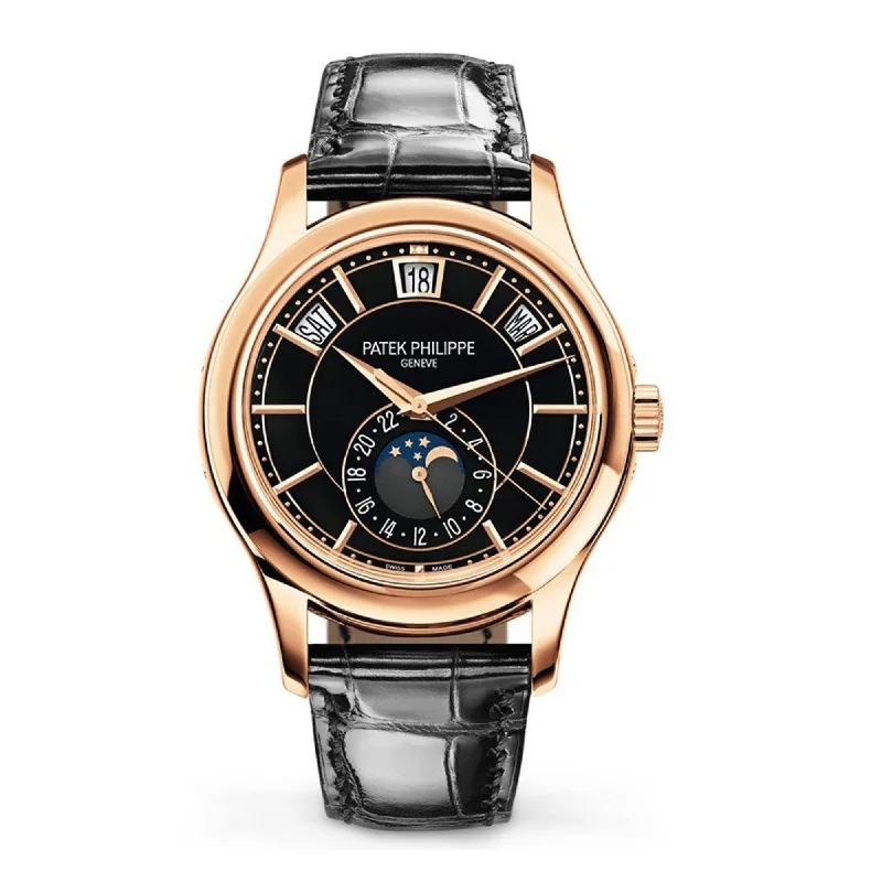 Patek Philippe Complications Silver Moon-Phase 40mm Watch - Ref: 5205R-010 - Black  Moon-Phase Dial in 18K Rose Gold Shiny Black Alligator Strap