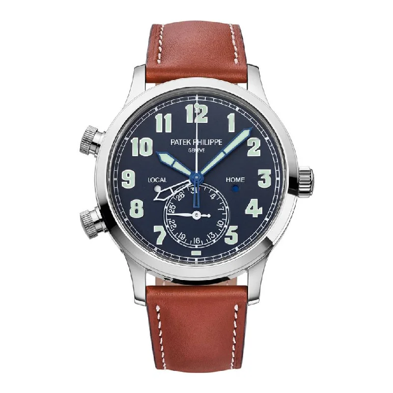 Patek Philippe Complications Calatrava Pilot Travel Time 42mm Watch - Ref: 5524g-0001 - Blue Dial in 18K White Gold Vintage Brown Calfskin Strap