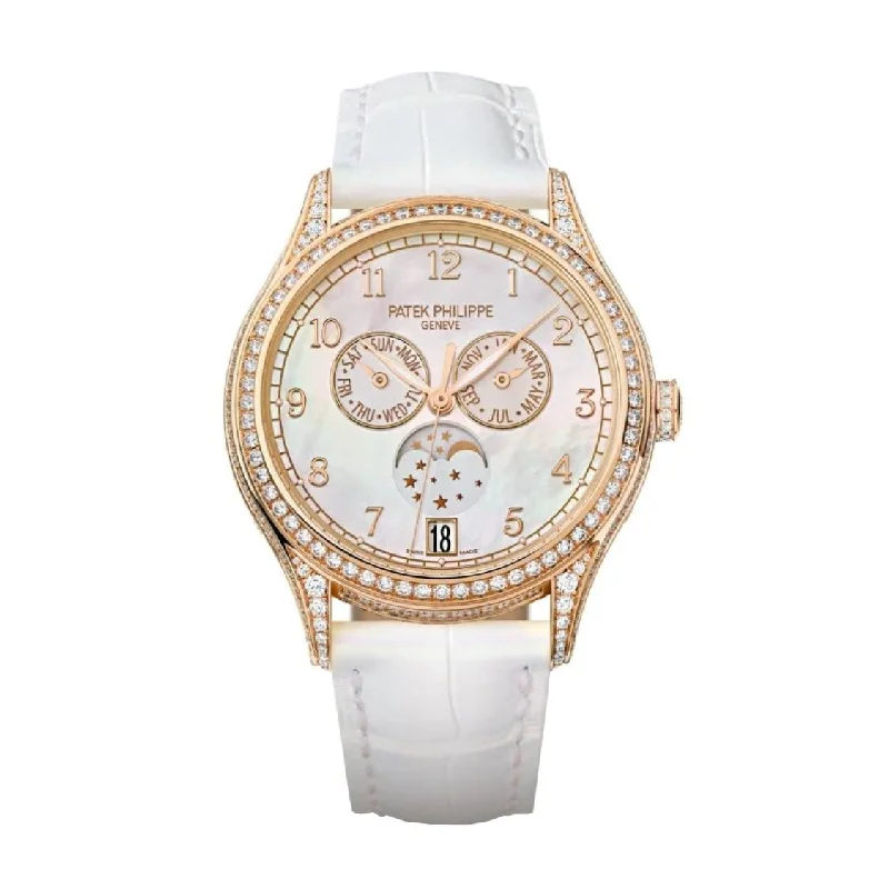 Patek Philippe Complications Annual Calendar Ladies 38mm Women's Watch - Ref: 4948R-001 - White Balinese Mother of Pearl Dial & Diamond Bezel in 18K Rose Gold Matte Pearly White Leather Strap