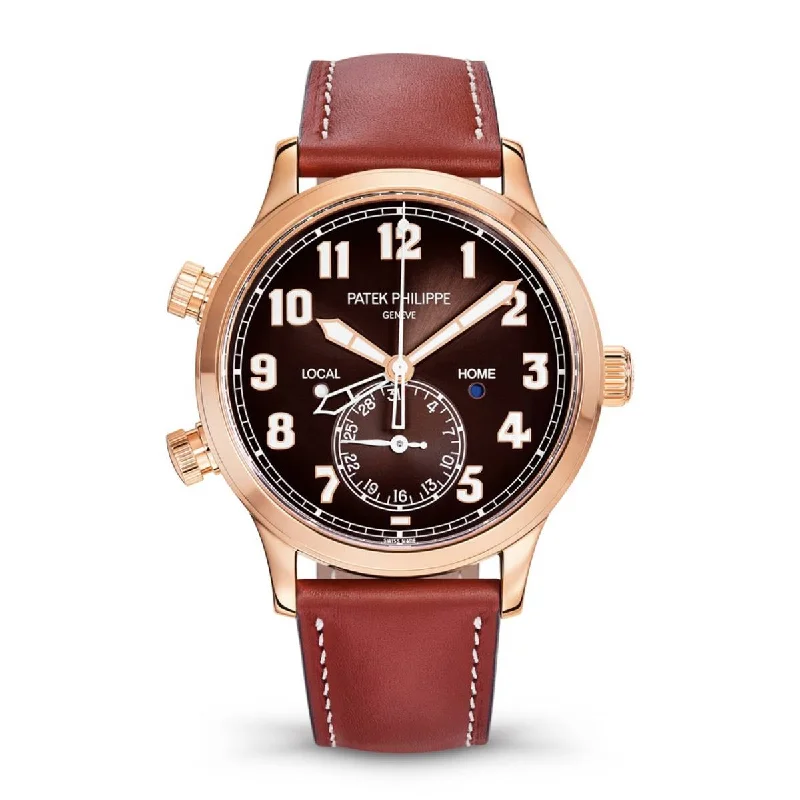 Patek Philippe Complications Calatrava Pilot Travel Time 42mm Watch - Ref: 5524R-001 - Brown Dial in 18K Rose Gold Vintage Brown Calfskin Strap