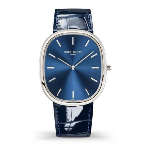 Patek Philippe Golden Ellipse 39.5mm Watch - Ref: 5738P-001 - Blue Dial in Platinum Shiny Navy Blue Alligator Strap