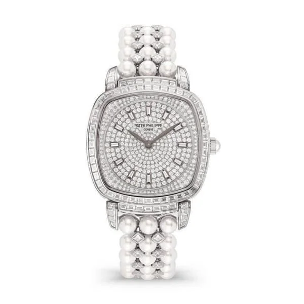 Patek Philippe Gondolo 34.8mm Watch - Ref: 7042/100G-010 - Pave Diamond Dial, Diamond Case in 18K White Gold Diamond & Pearl Bracelet