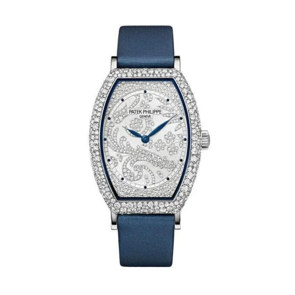 Patek Philippe Gondolo 38.9mm Watch - Ref: 7099G-001 - Pave Diamond Dial in 18K White Gold Diamond Case Blue Satin Strap