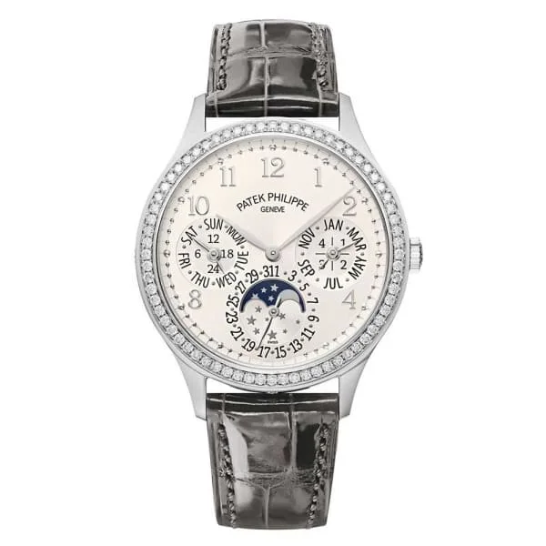 Patek Philippe Grand Complications Ladies Perpetual Calendar 35.1mm Women's Watch - Ref: 7140G-001 - Silver Moon-Phase Dial & Diamond Bezel in 18K Rose Gold Shiny Gray Alligator Strap