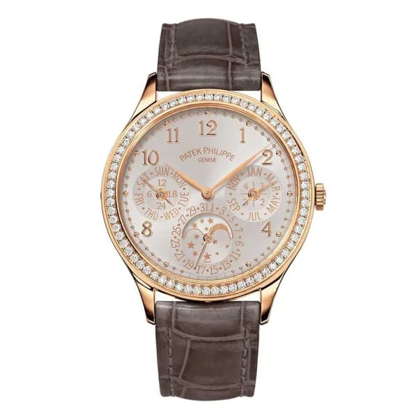 Patek Philippe Grand Complications Ladies Perpetual Calendar 35.1mm Women's Watch - Ref: 7140R-001 - Silver White Moon-Phase Dial & Diamond Bezel in 18K Rose Gold Mink Gray Alligator Strap