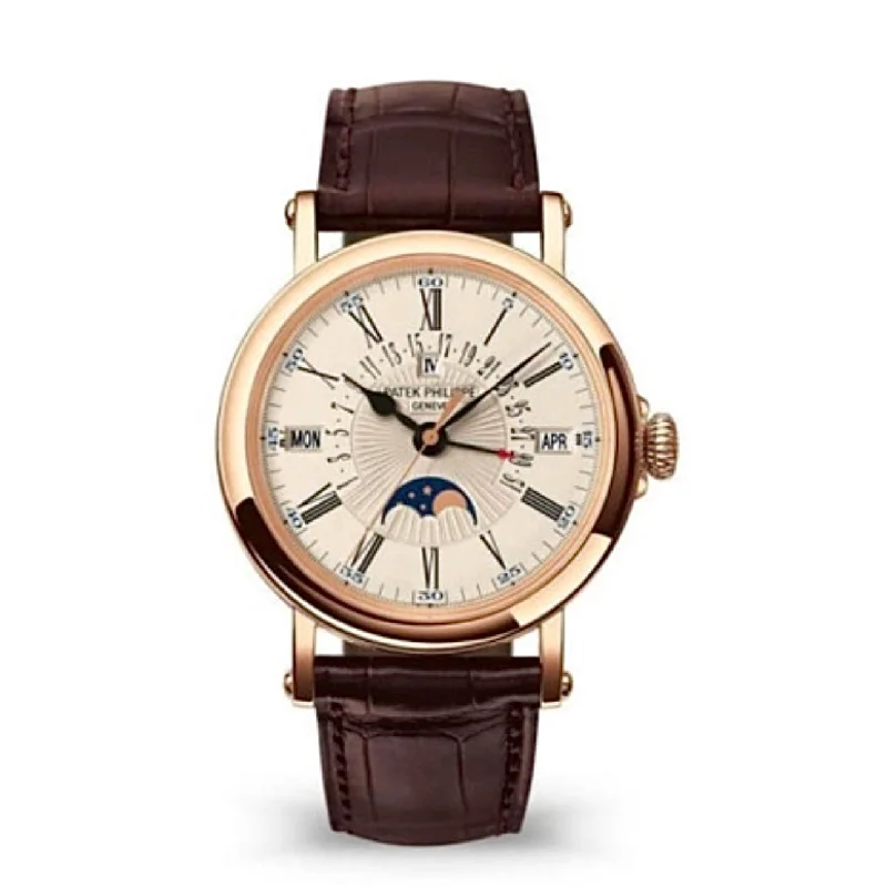 Patek Philippe Grand Complications Perpetual Calendar 38mm Watch - Ref: 5159R-001 - White Moon-Phase Dial in 18K Rose Gold Brown Leather Strap