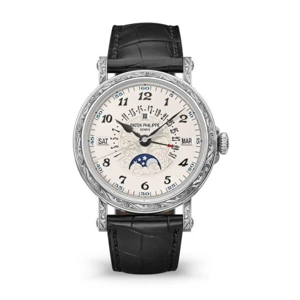 Patek Philippe Grand Complications Perpetual Calendar 38mm Watch - Ref: 5160-500G-001 - Silver Moon-Phase Dial in 18K White Gold Black Leather Strap