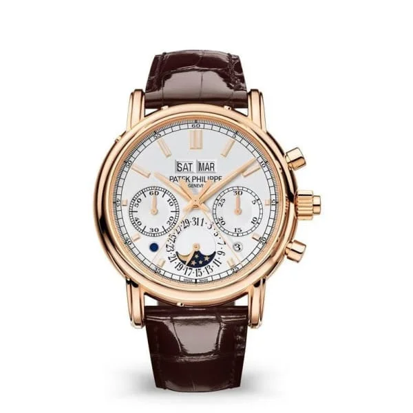 Patek Philippe Grand Complications Chronograph Perpetual Calendar  40.2mm Watch - Ref: 5204R-001 - Silver White Moon-Phase Dial in 18K Rose Gold Shiny Chocolate Brown Alligator Strap