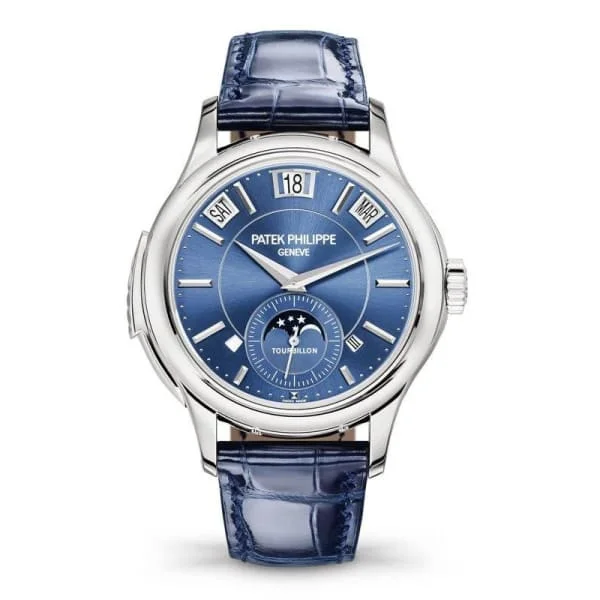 Patek Philippe Grand Complications Tourbillon Perpetual Calendar 41mm Watch - Ref: 5207G-001 - Blue Moon-Phase Dial in 18K White Gold Shiny Navy Blue Alligator Strap