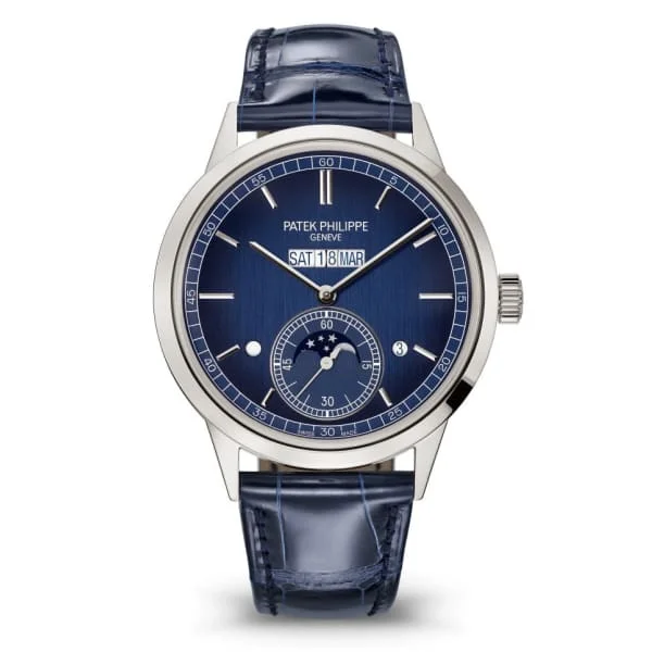 Patek Philippe Grand Complications In Line Perpetual Calendar 41.3mm Watch - Ref: 5236P-001 - Blue Moon-Phase Dial in Platinum Shiny Navy Blue Alligator Strap