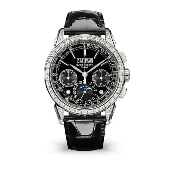 Patek Philippe Grand Complications Chronograph Perpetual Calendar  41mm Watch - Ref: 5271P-001 - Black Moon-Phase Dial & Diamond Bezel in Platinum Case, Shiny Black Alligator Strap