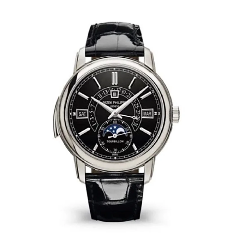 Patek Philippe Grand Complications Tourbillon Retrograde Perpetual Calendar 40.2mm Watch - Ref: 5316P-001 - Black Moon-Phase Dial in Platinum Shiny Black Alligator Strap