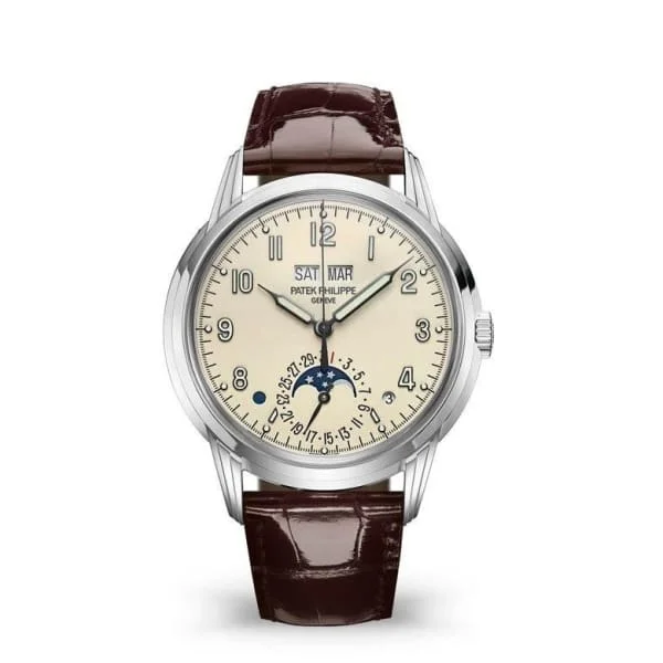 Patek Philippe Grand Complications Perpetual Calendar 40mm Watch - Ref: 5320G-001 - Cream Moon-Phase Dial in 18K White Gold Brown Alligator Strap