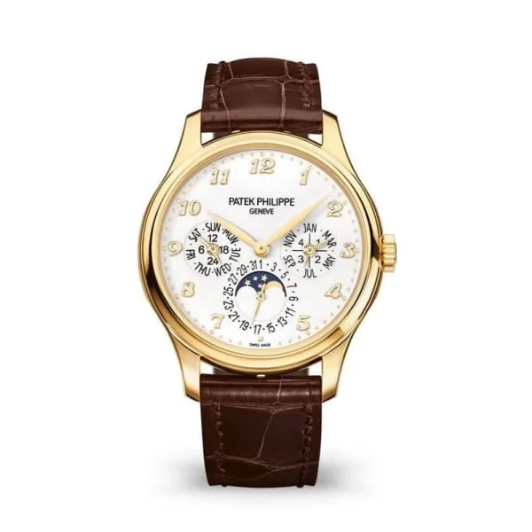 Patek Philippe Grand Complications Perpetual Calendar 39mm Watch - Ref: 5327J-001 - White Dial in 18K Yellow Gold Brown Leather Strap