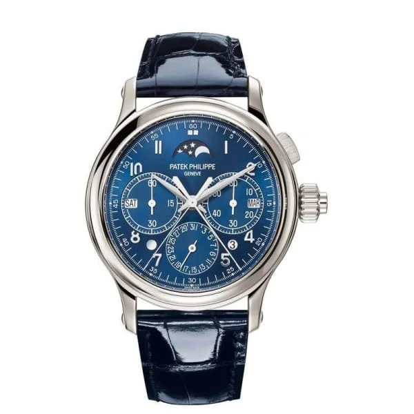 Patek Philippe Grand Complications Perpetual Calendar Chronograph 38.3mm Watch - Ref: 5372P-001 - Blue Moon-Phase Dial in Platinum Shiny Blue Alligator Strap