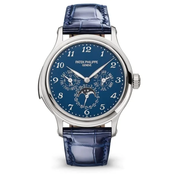 Patek Philippe Grand Complications Perpetual Calendar Minute Repeater 42mm Watch - Ref: 5374G-001 - Blue Moon-Phase Dial in 18K White Gold Shiny Blue Alligator Strap