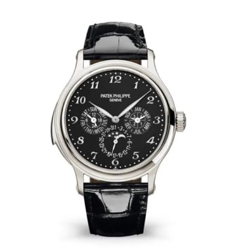 Patek Philippe Grand Complications Perpetual Calendar 42mm Watch - Ref: 5374P-001 - Black Moon-Phase Dial in Platinum Shiny Black Alligator Strap