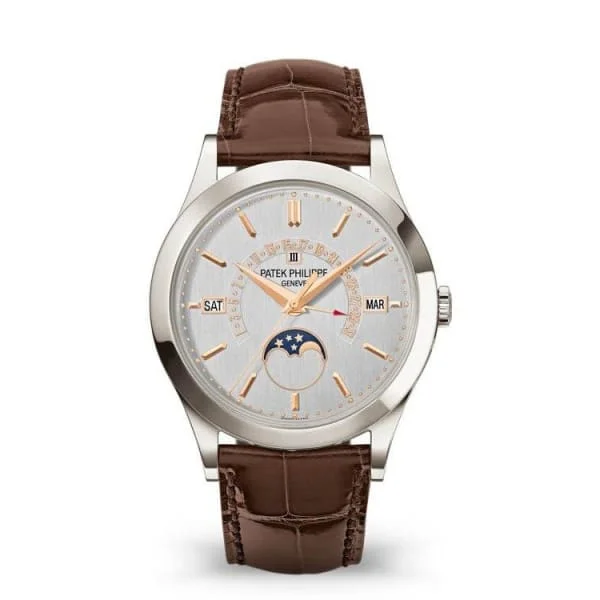 Patek Philippe Grand Complications Perpetual Calendar 39.5mm Watch - Ref: 5496P-015 - Silver Moon-Phase Dial in Platinum Brown Alligator Strap