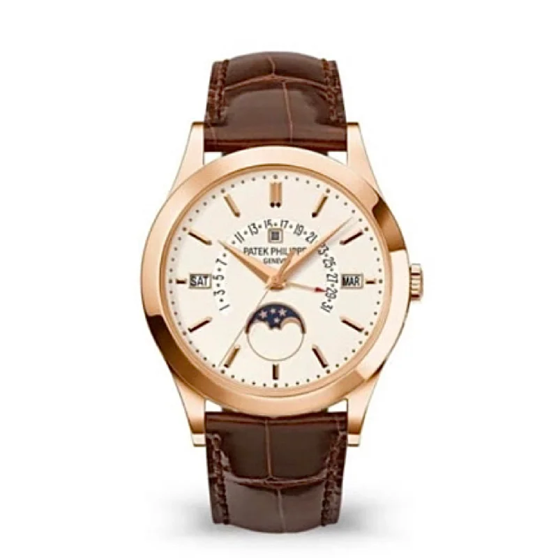 Patek Philippe Grand Complications Perpetual Calendar 39.5mm Watch - Ref: 5496R-001 - Silver White Moon-Phase Dial in 18K Rose Gold Shiny Brown Alligator Strap