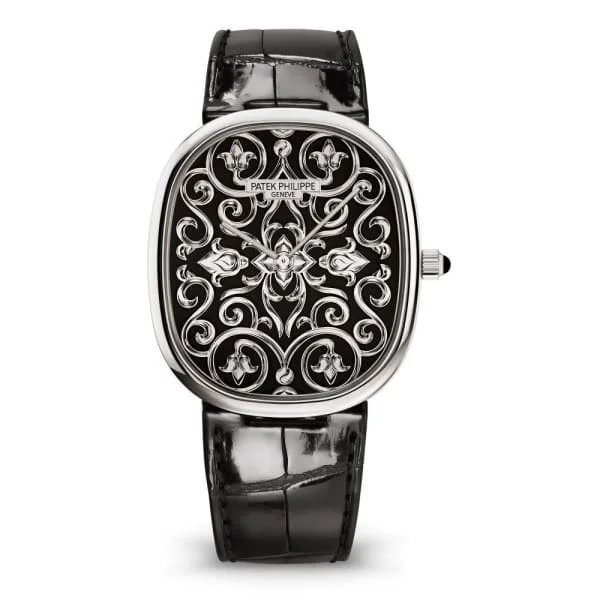 Patek Philippe Golden Ellipse 39.5mm Watch - Ref: 5738-51G-001 - Black Dial in 18K White Gold Shiny Black Alligator Strap